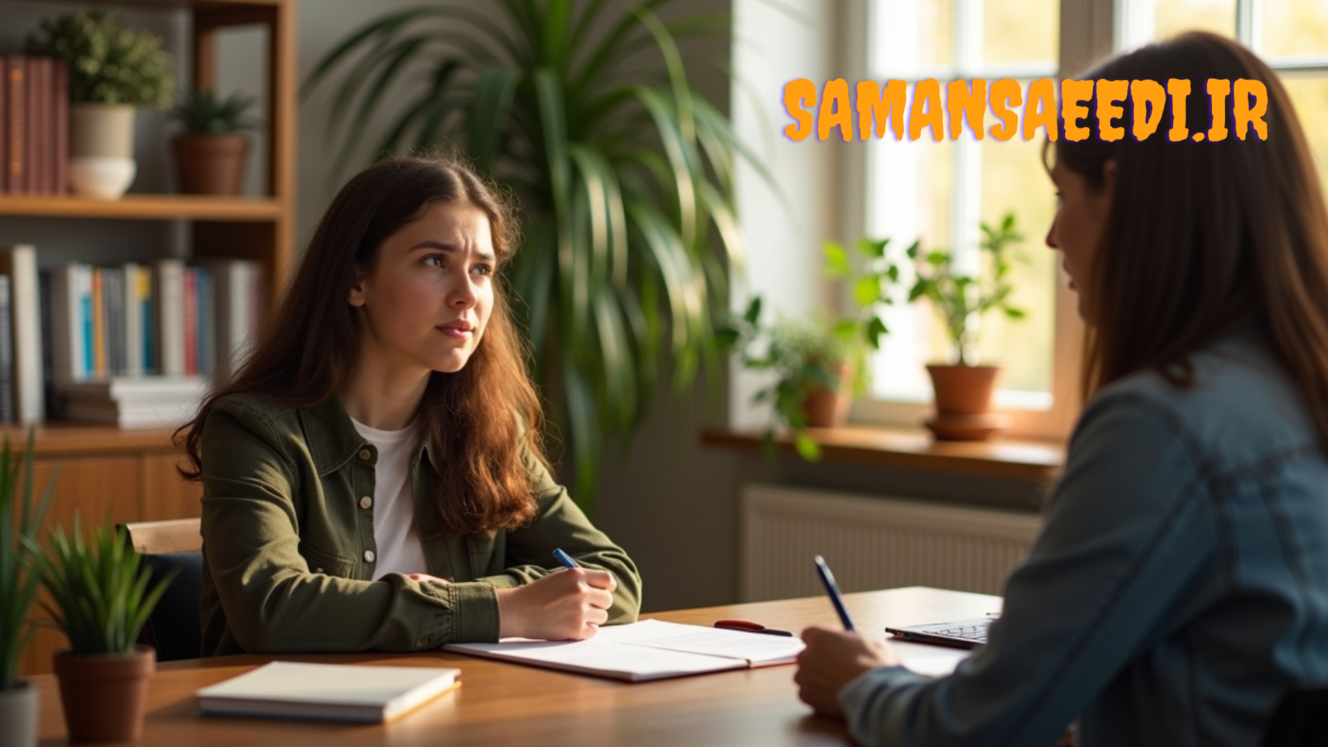 A high-resolution, realistic photo of a teenage student sitting in a bright, modern counseling office, talking with a friendly academic counselor. The student looks slightly anxious but attentive, while the counselor listens kindly and speaks reassuringly. Warm natural light coming through the window, cozy interior with bookshelves and plants, realistic human skin tones, soft depth of field, cinematic composition, emotionally supportive atmosphere, ultra-detailed, professional photography